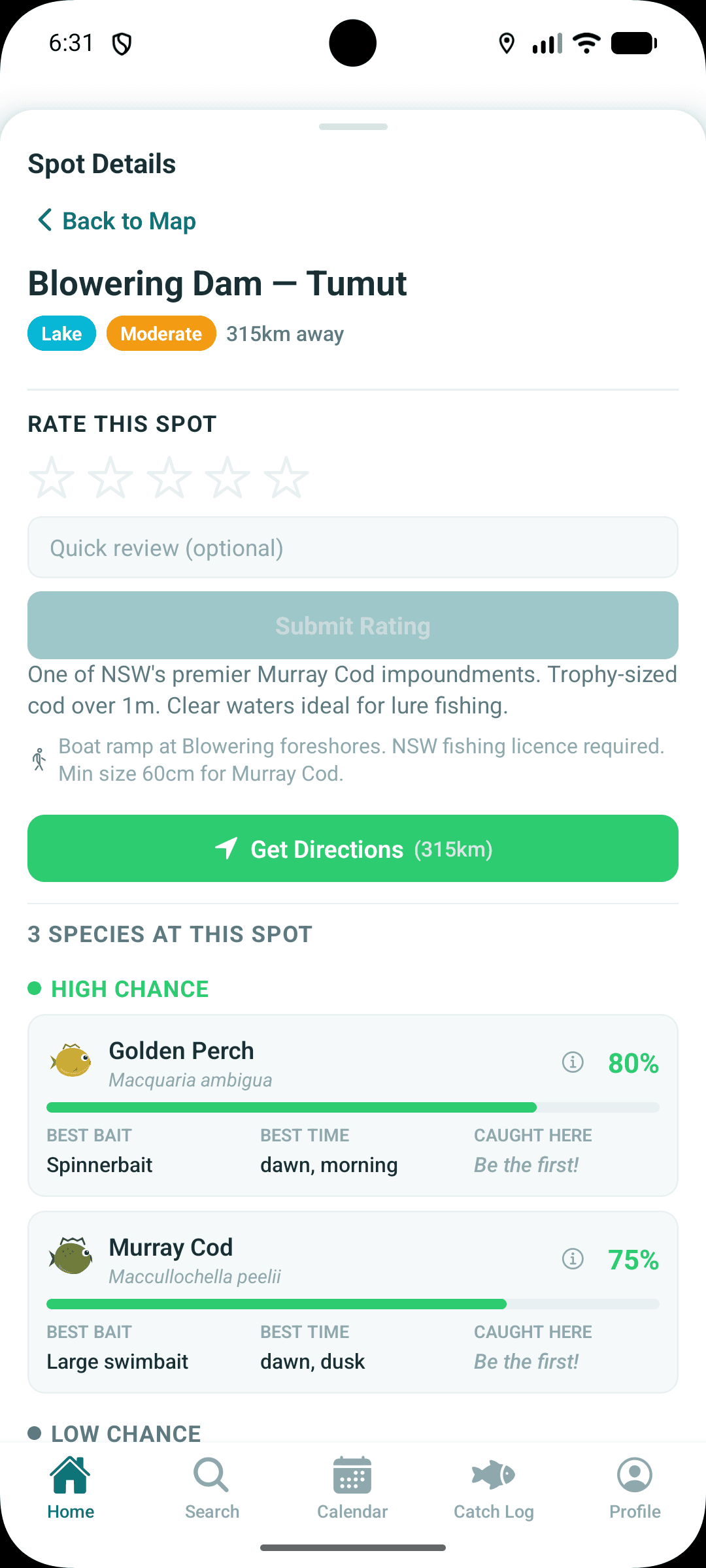 Blowering Dam spot detail with species, ratings, and conditions