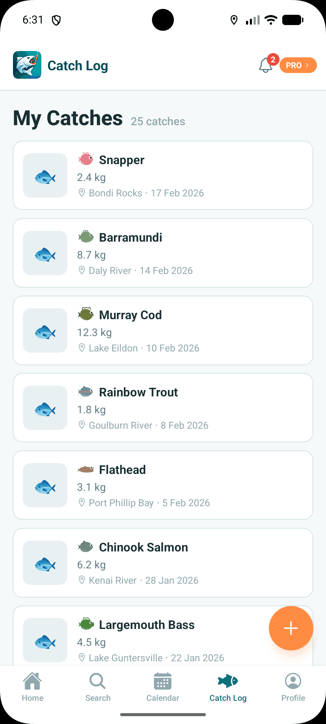 Catch log showing 25 catches with fish details